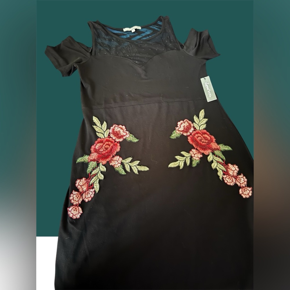 Sweet Rain Black Dress with Red Floral Embroidery